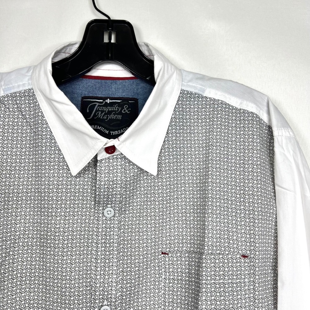 Tranquilty & Mayhem White Grey Button Down Mens Shirt‎ L Contrast Long Sleeve